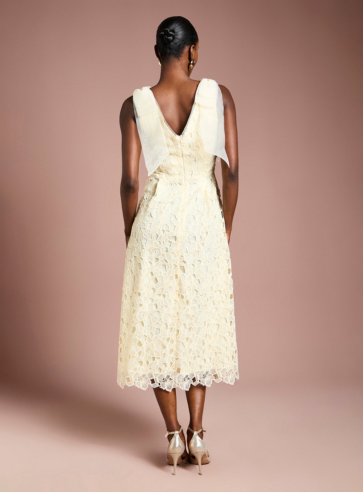 COAST Bow Shoulder Organza Lace Midi Dress Yellow 12 - Image 3 thumbnail