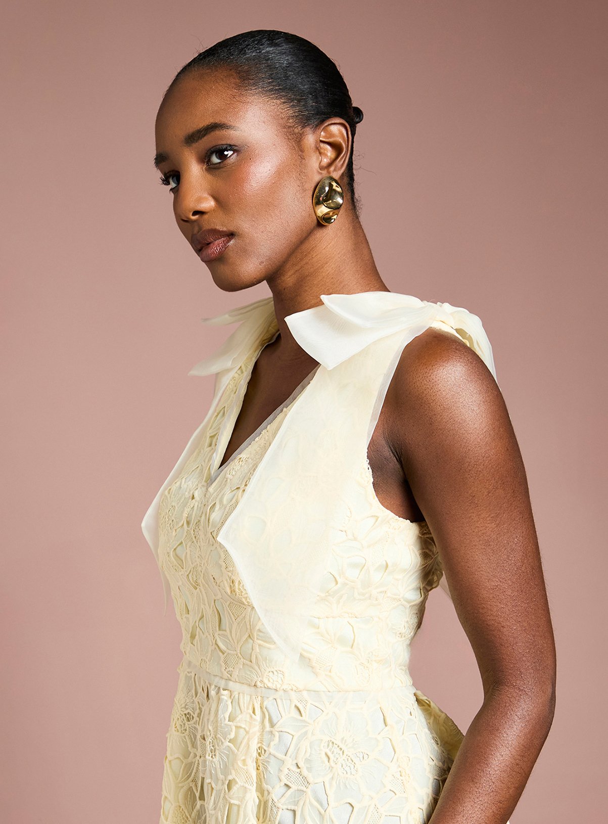 COAST Bow Shoulder Organza Lace Midi Dress Yellow 12 - Image 4 thumbnail