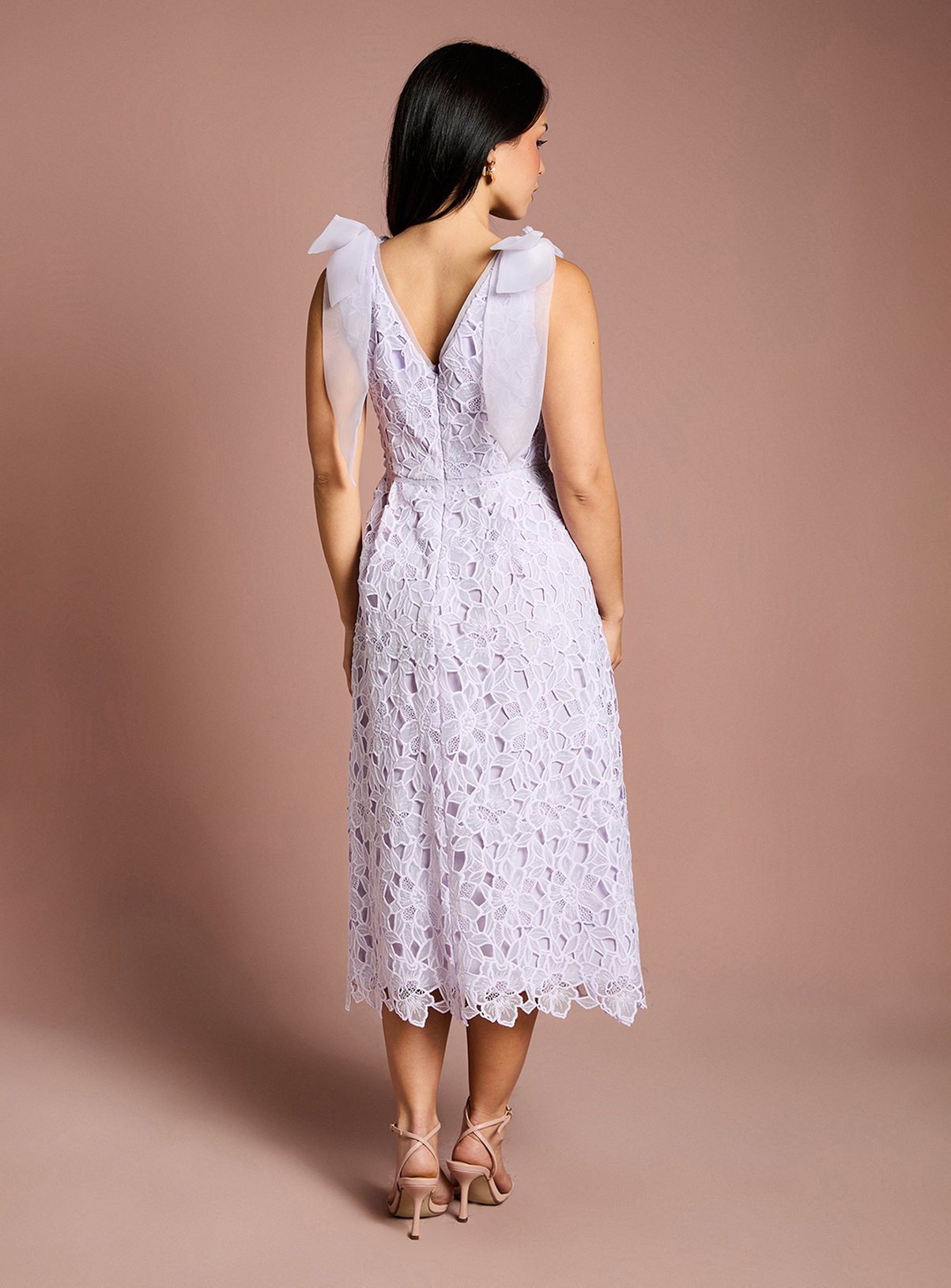 COAST Petite Bow Shoulder Organza Lace Midi Dress Lilac 8 - Image 3 thumbnail
