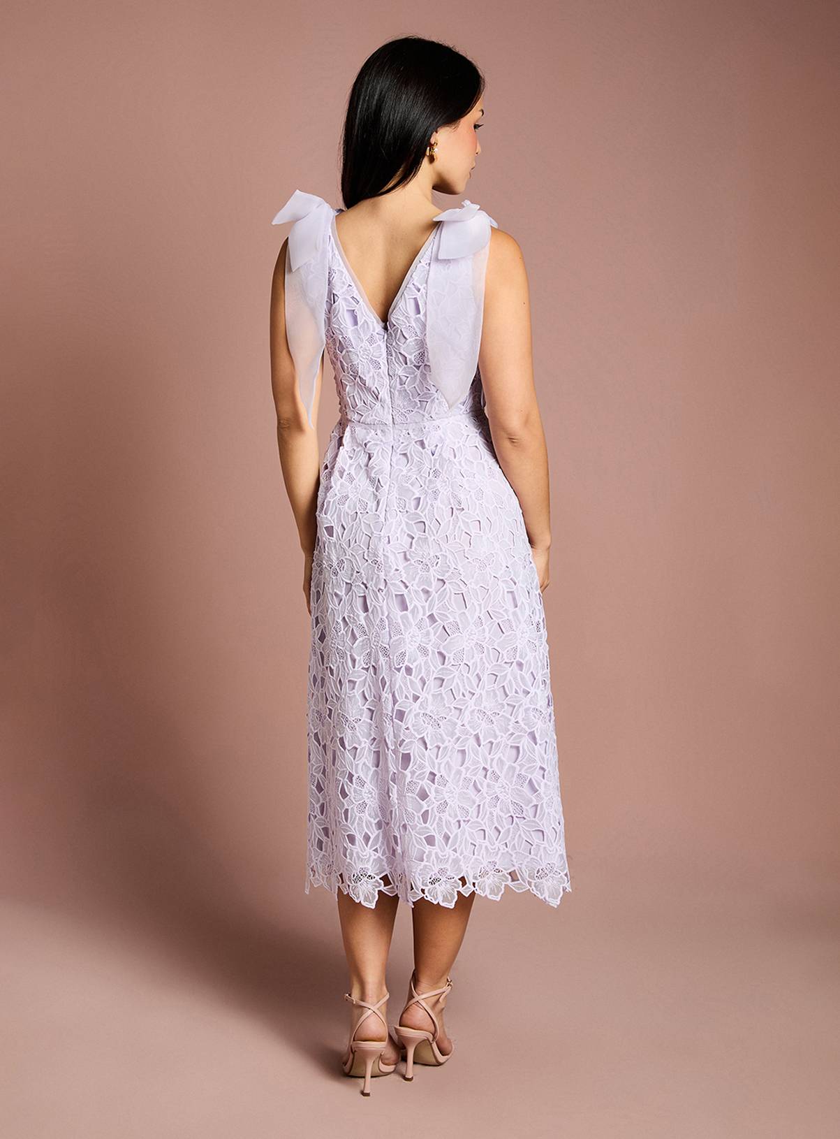COAST Petite Bow Shoulder Organza Lace Midi Dress Lilac 8 - Image 3