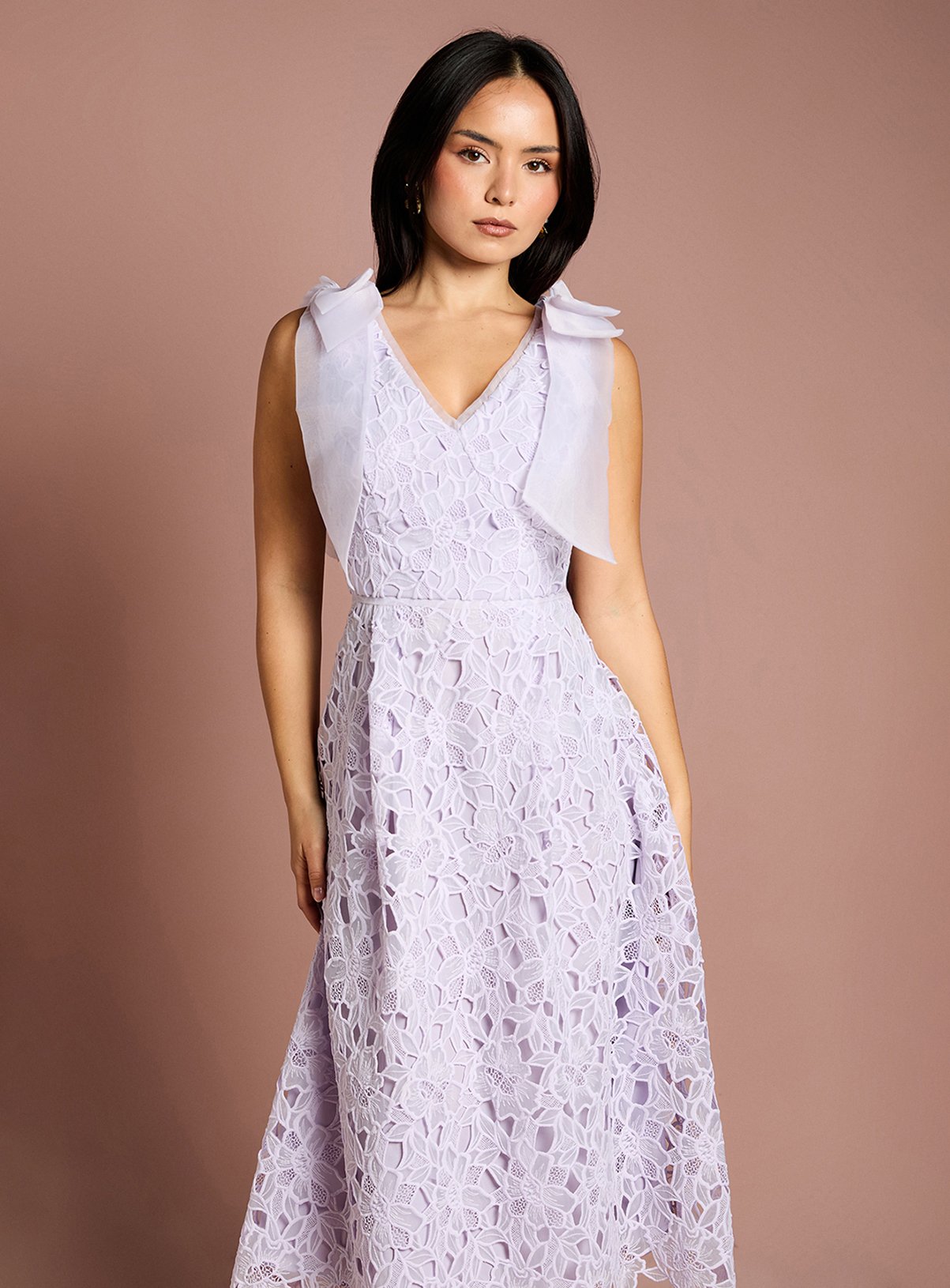 COAST Petite Bow Shoulder Organza Lace Midi Dress Lilac 8 - Image 4 thumbnail
