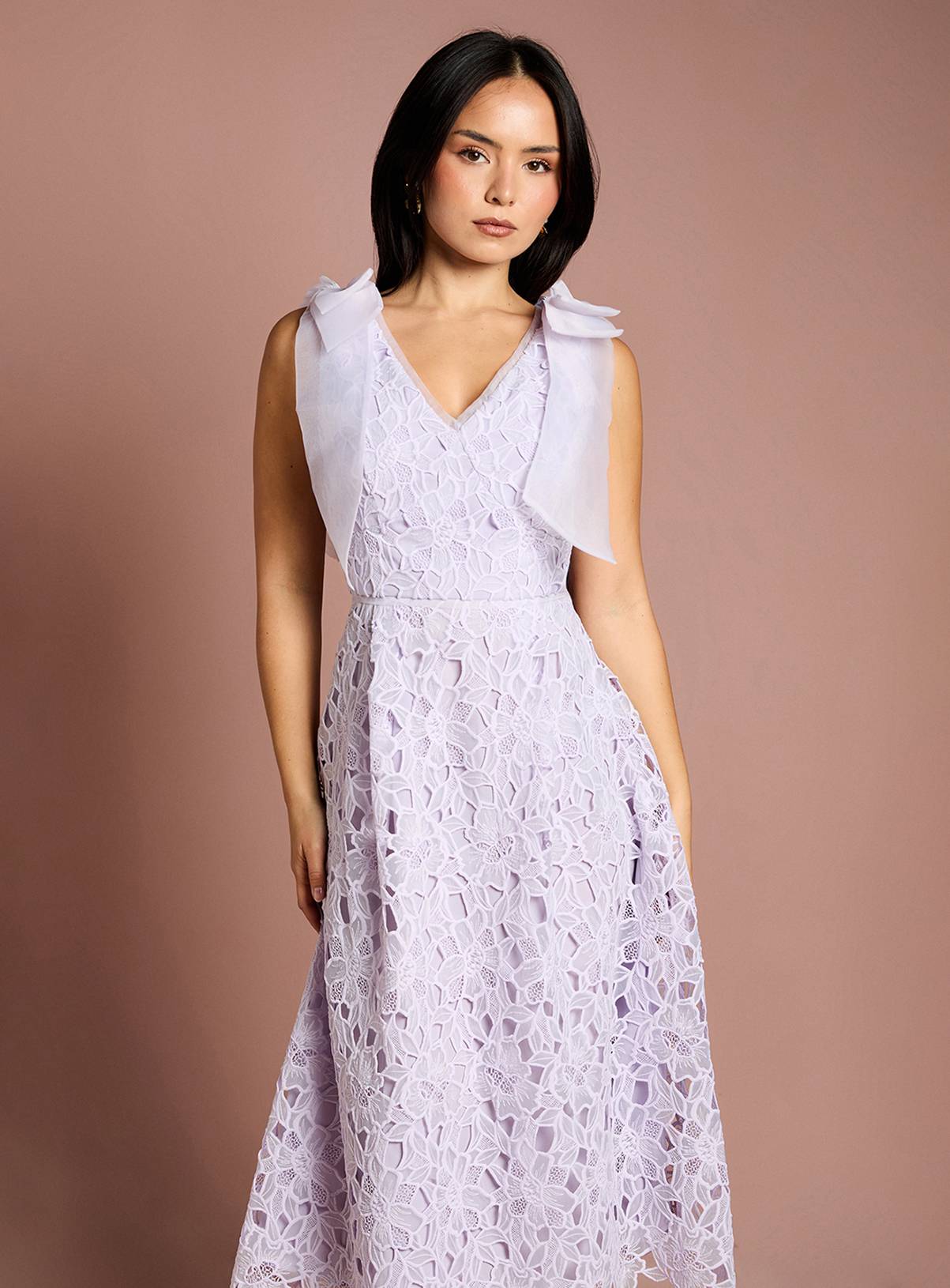 COAST Petite Bow Shoulder Organza Lace Midi Dress Lilac 8 - Image 4