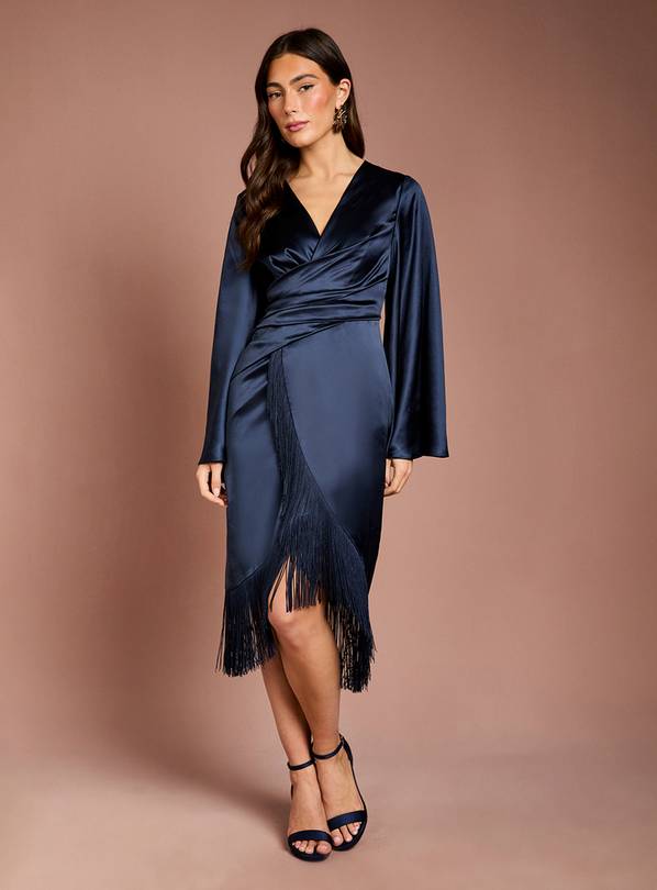 COAST Satin Fringe Hem Wrap Waist Midi Dress 12