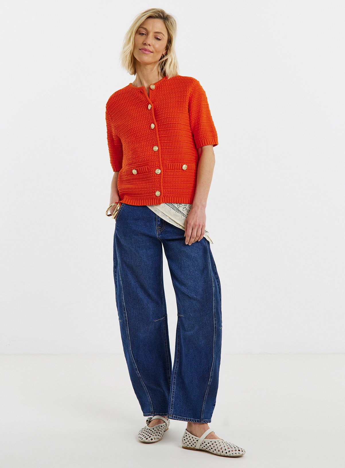 JD WILLIAMS Stitch Detail Short Sleeve Cardigan Red 20-22 - Image 3 thumbnail