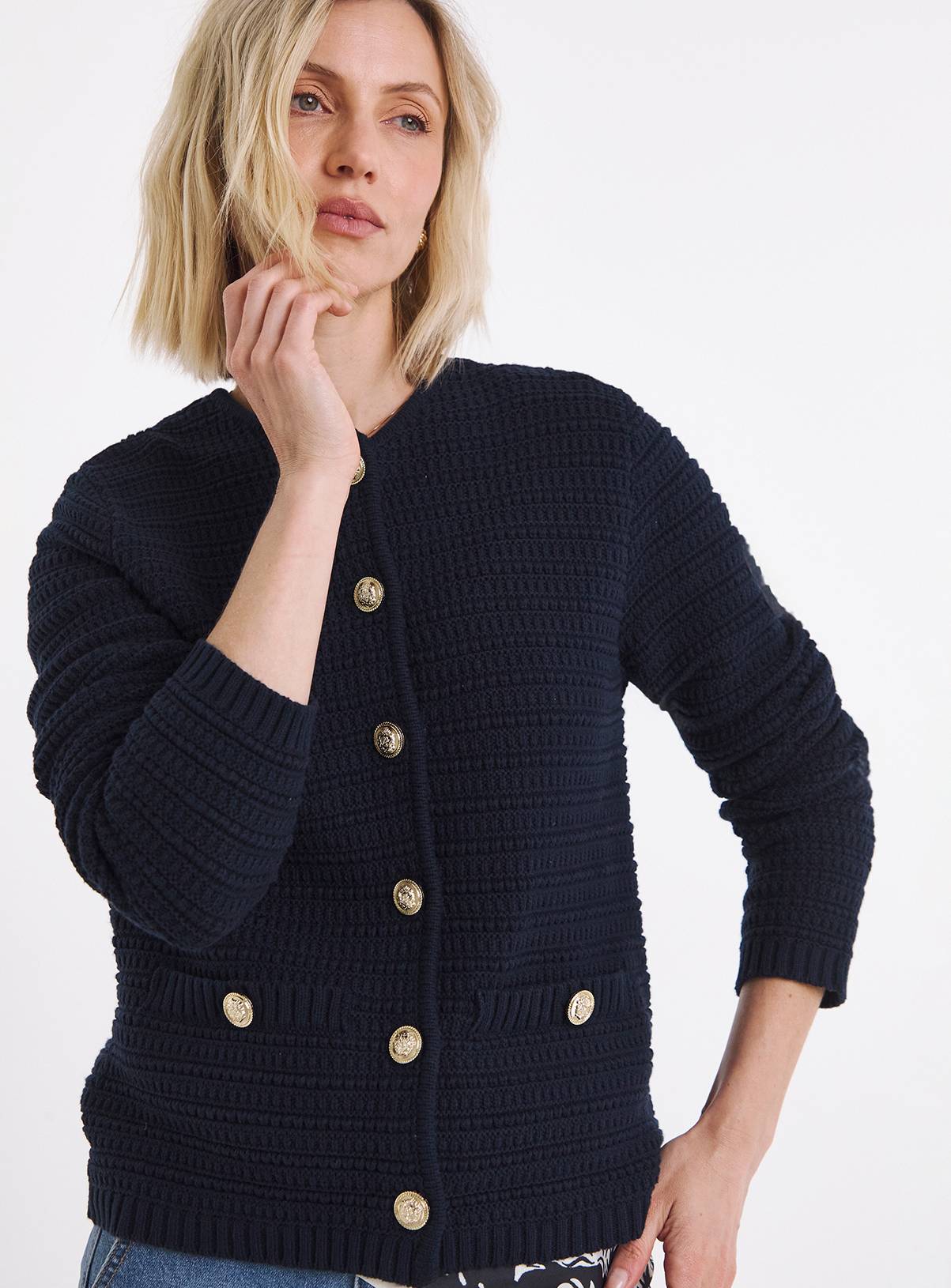 JD WILLIAMS Stitch Detail Long Sleeve Cardigan Navy 24-26 - Image 1