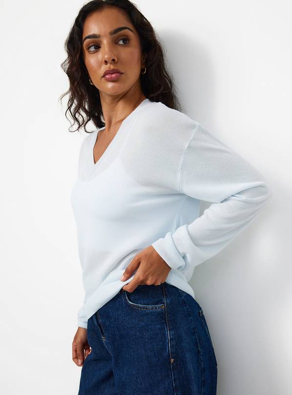 Blue Sheer V-Neck Knitted Jumper XS