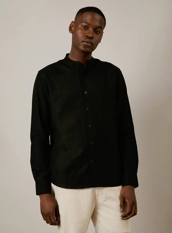 BURTON Black Linen Blend Grandad Collar Shirt M