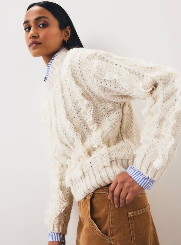 Cream Vertical Lace Crewneck Jumper XS