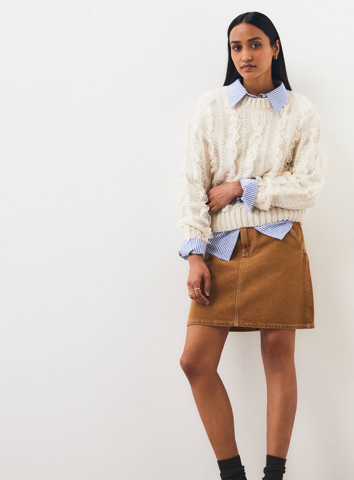 Cream Vertical Lace Crewneck Jumper M - Image 3
