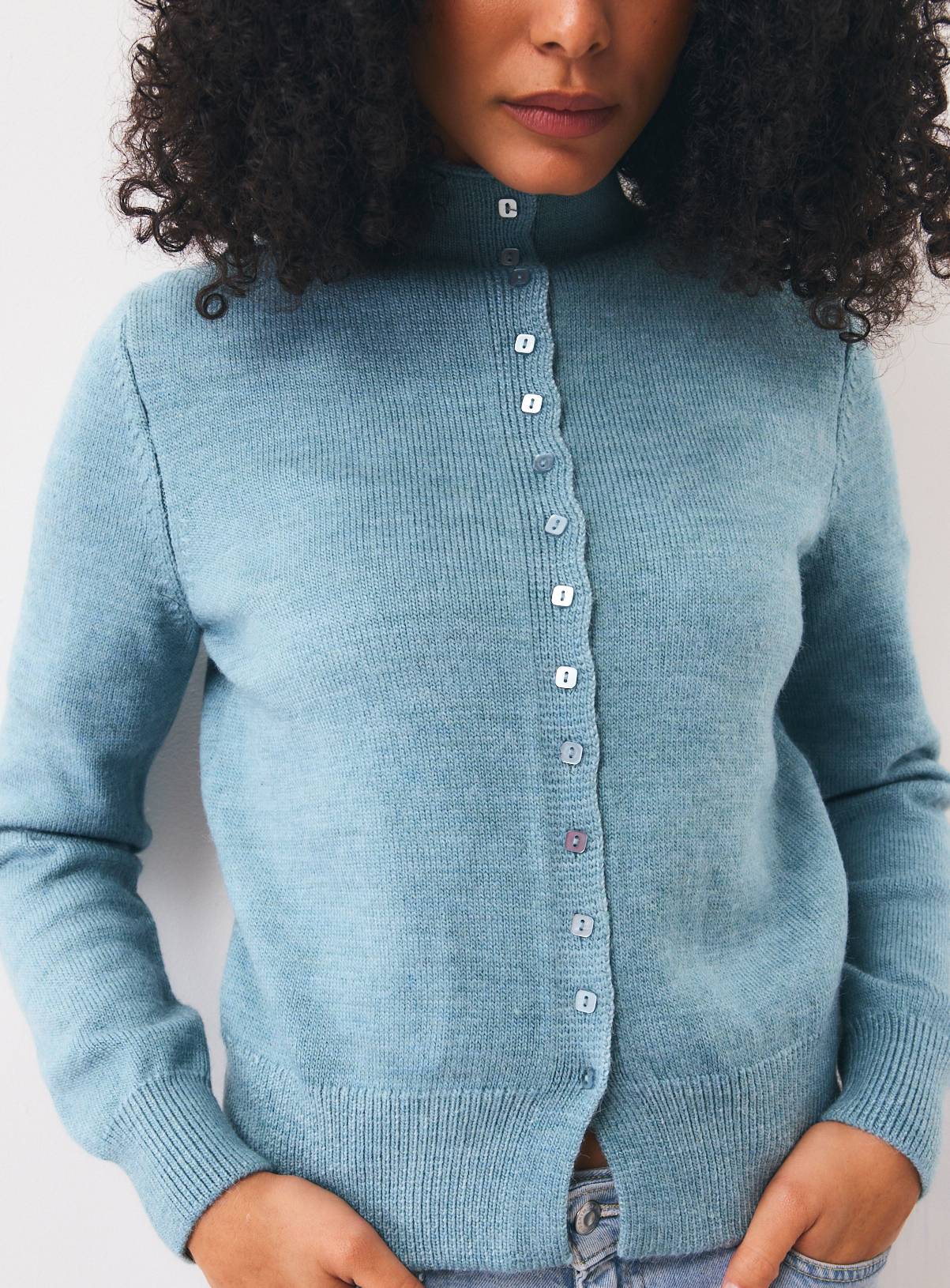 Blue Funnel Neck Knitted Cardigan S - Image 1