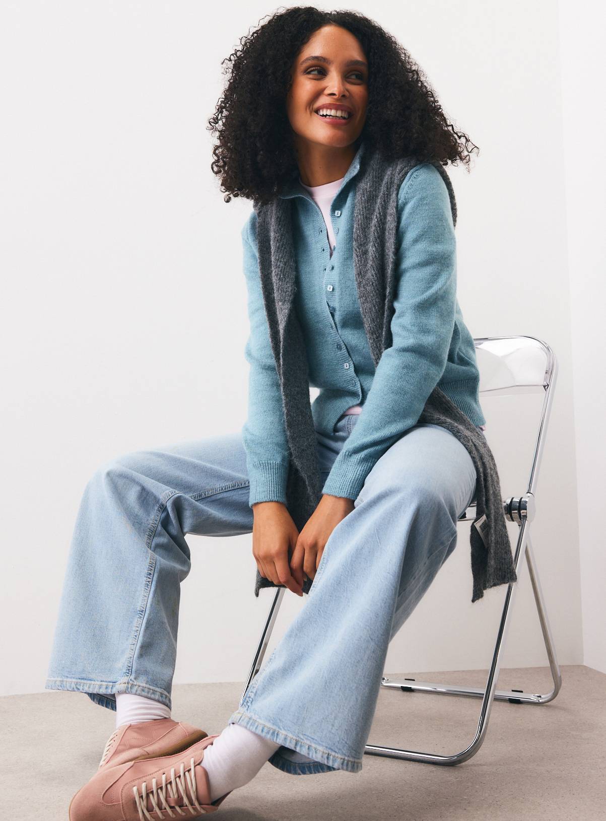 Blue Funnel Neck Knitted Cardigan S - Image 2