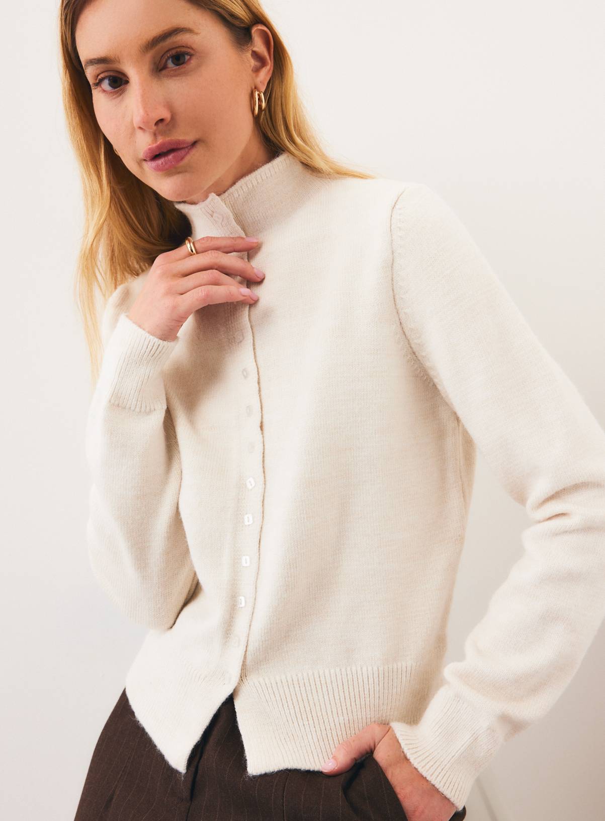 Cream Funnel Neck Knitted Cardigan XS - Image 1