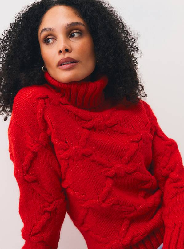 Red Diamond Pattern Knitted Roll Neck Sweater M