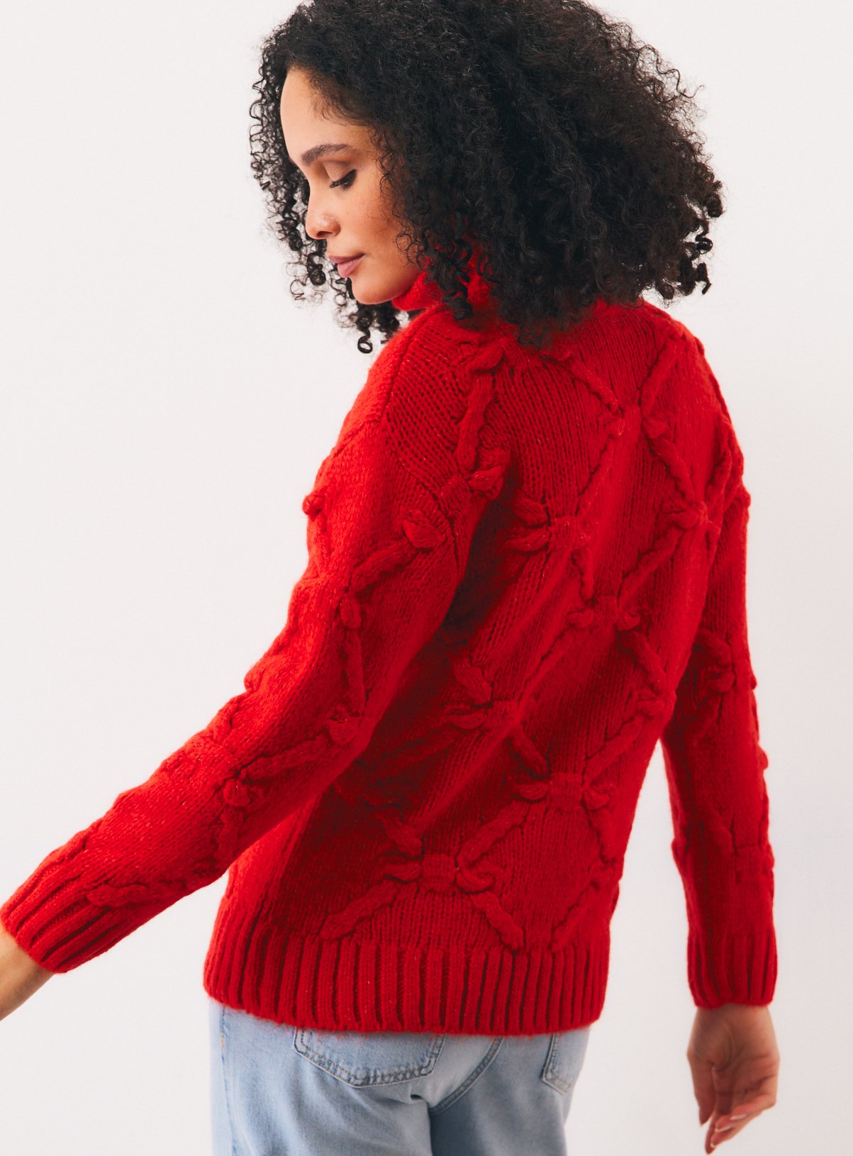 Red Diamond Pattern Knitted Roll Neck Sweater M - Image 4 thumbnail