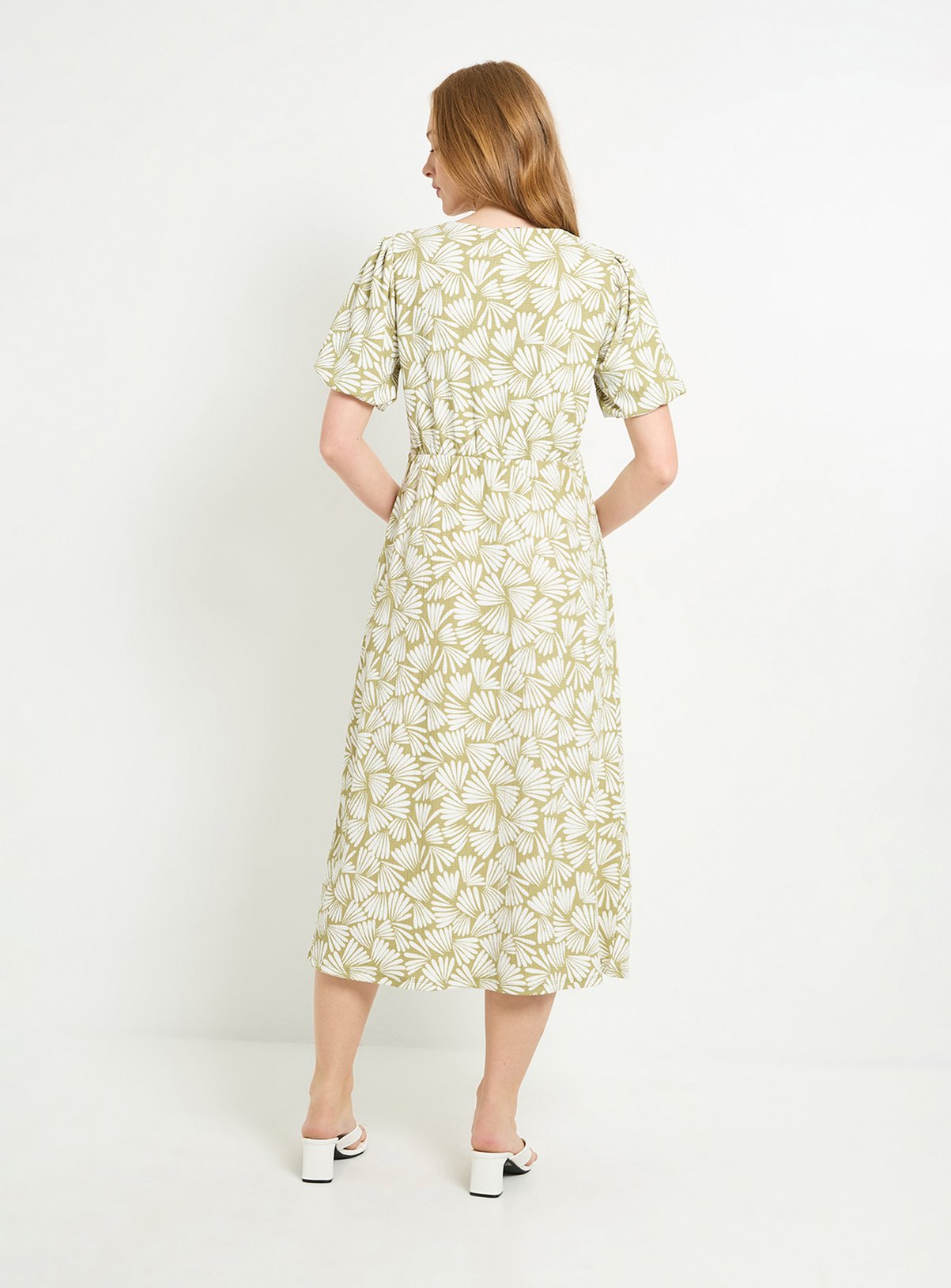 WALLIS Fan Print Jersey Puff Sleeve Midi Dress 8 - Image 3 thumbnail