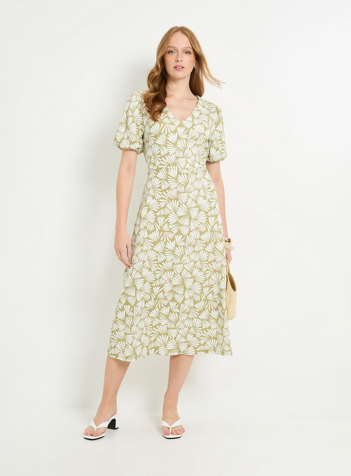 WALLIS Fan Print Jersey Puff Sleeve Midi Dress 8 - Image 4 thumbnail