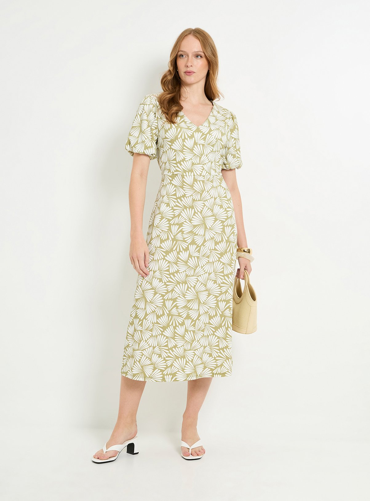 WALLIS Fan Print Jersey Puff Sleeve Midi Dress 8 - Image 5 thumbnail