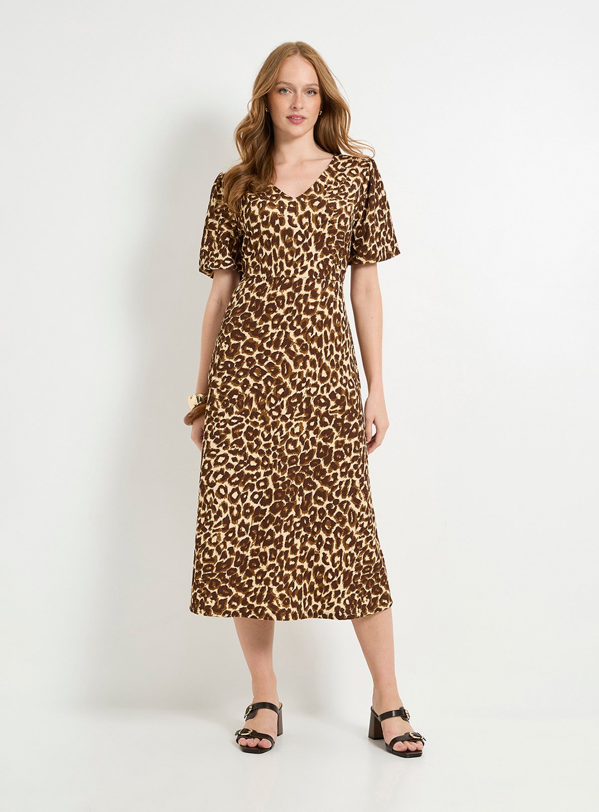 WALLIS Leopard Print Jersey Puff Sleeve Midi Dress 12 - Image 1 thumbnail