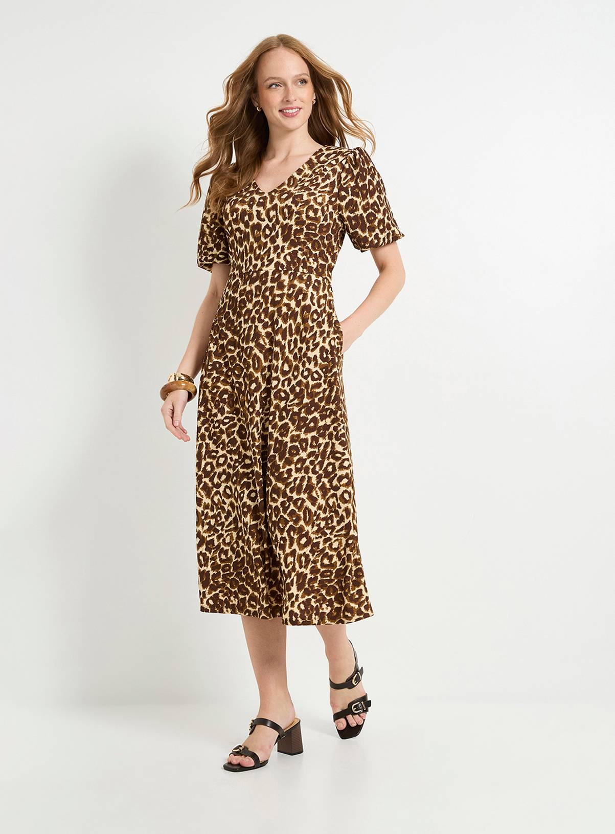 WALLIS Leopard Print Jersey Puff Sleeve Midi Dress 12 - Image 4