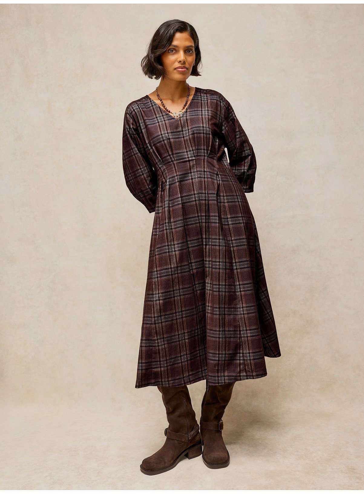 WHITE STUFF Brown Tartan Kate Corduroy Midi Dress 12 - Image 3 thumbnail