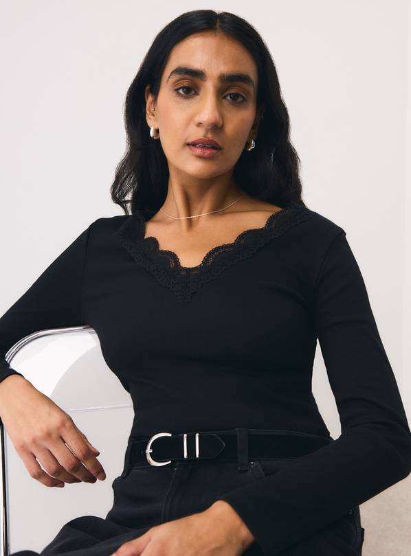 Black Lace Trim V-Neck Long Sleeve Top S