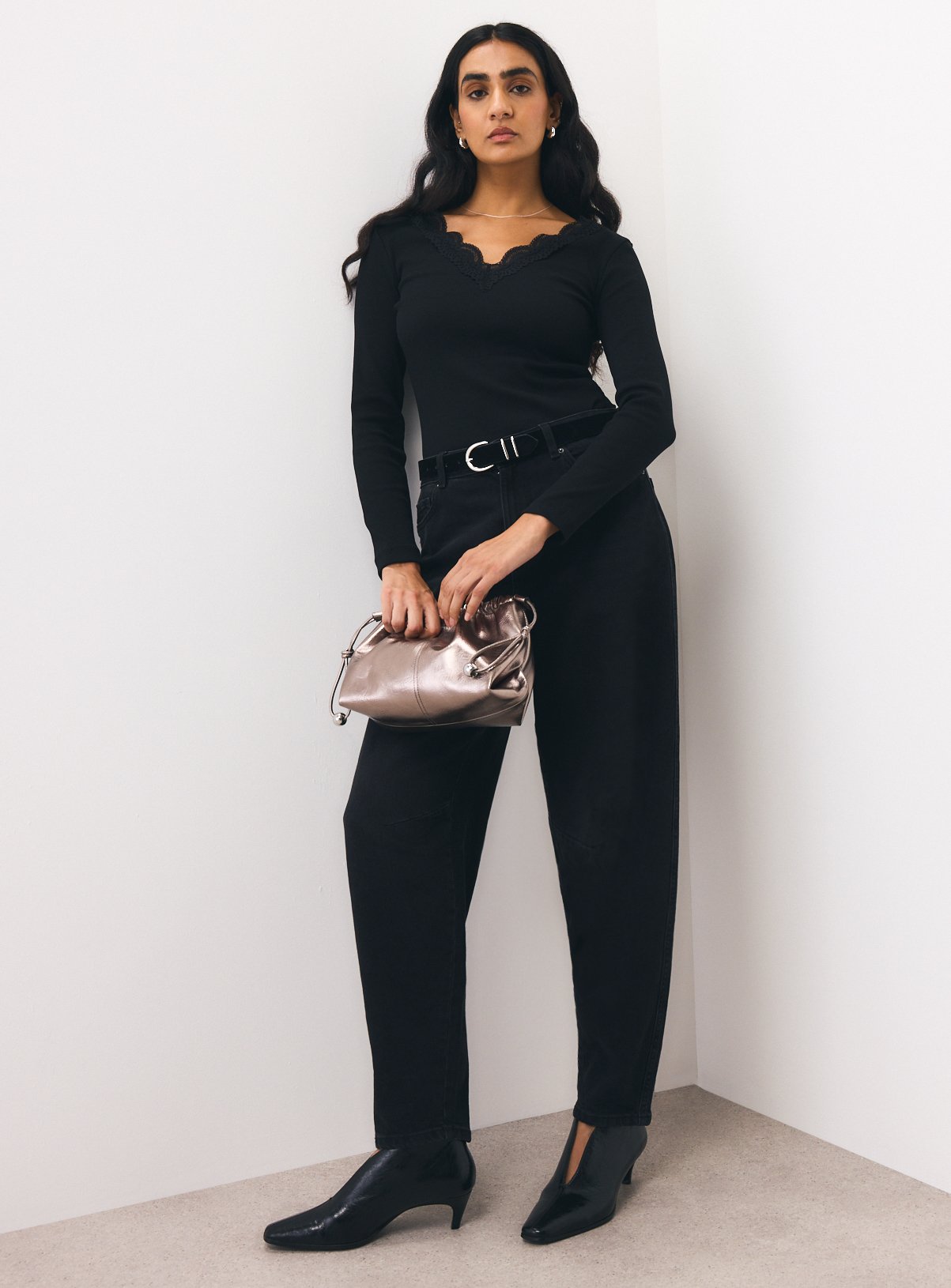 Black Lace Trim V-Neck Long Sleeve Top L - Image 2 thumbnail