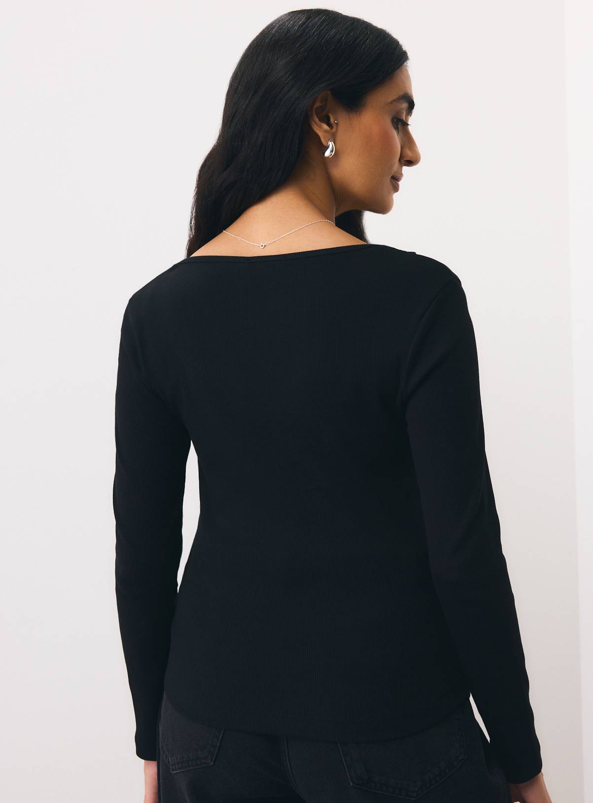Black Lace Trim V-Neck Long Sleeve Top L - Image 4