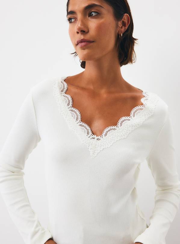 Black Lace Trim V-Neck Long Sleeve Top M