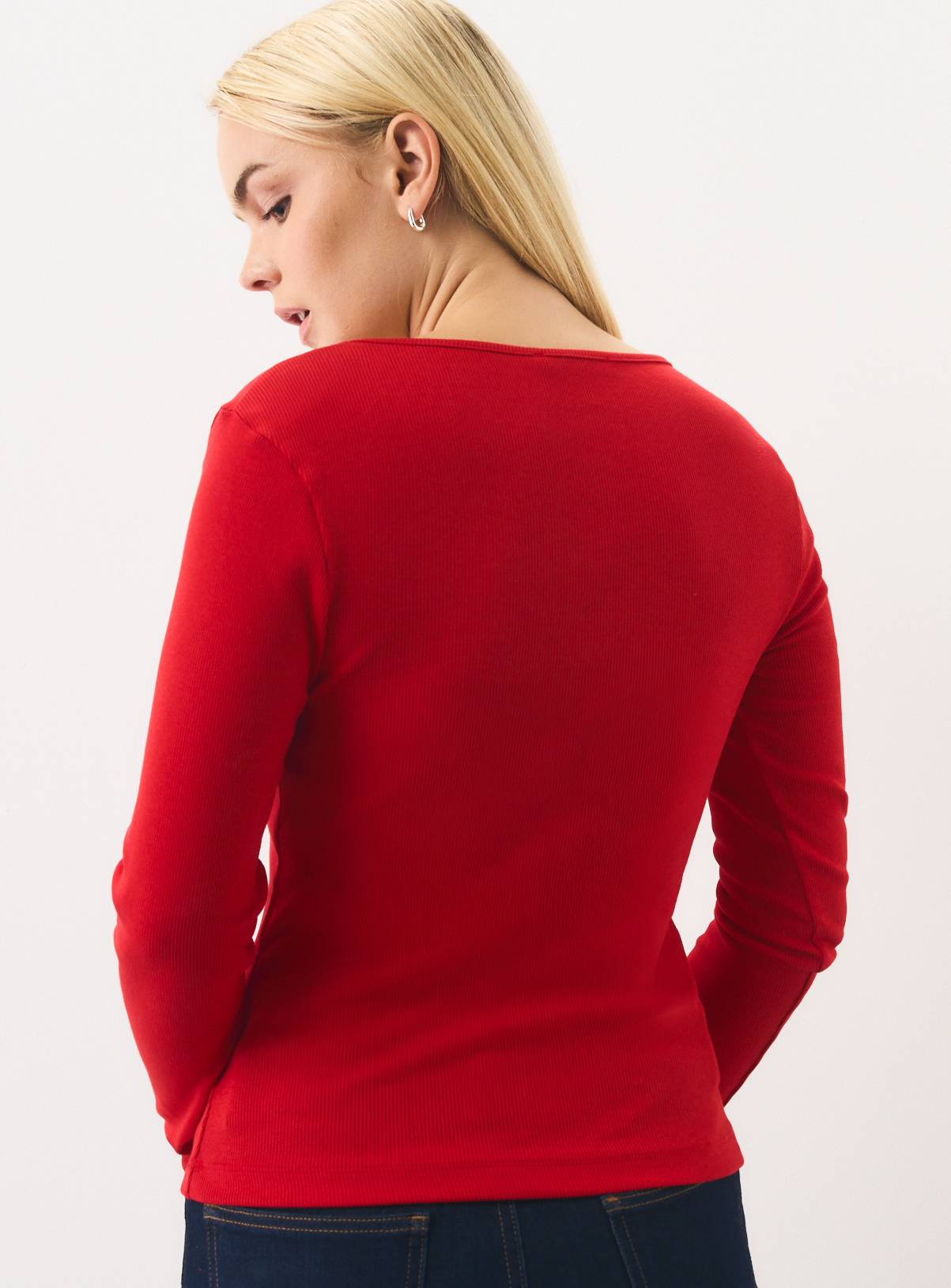 Red Lace Trim V-Neck Long Sleeve Top M - Image 4