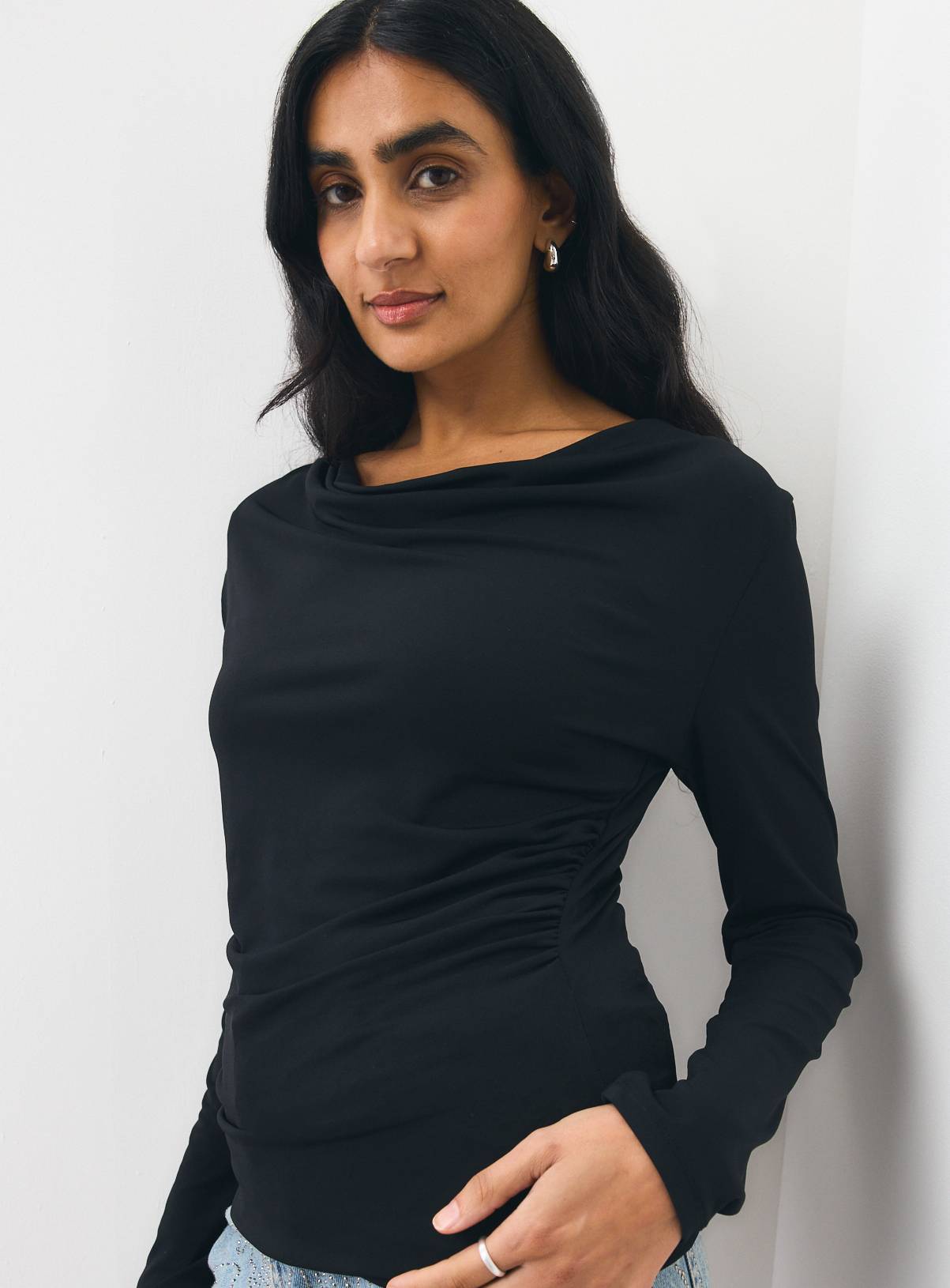 Black Cowl Neck Draped Top L - Image 1
