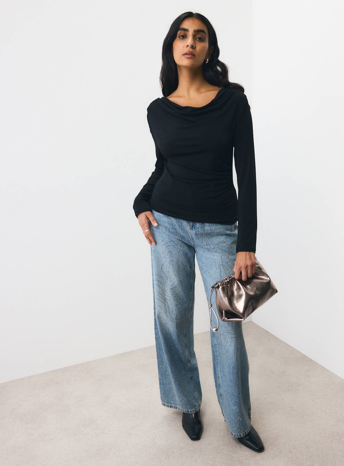 Black Cowl Neck Draped Top L - Image 2