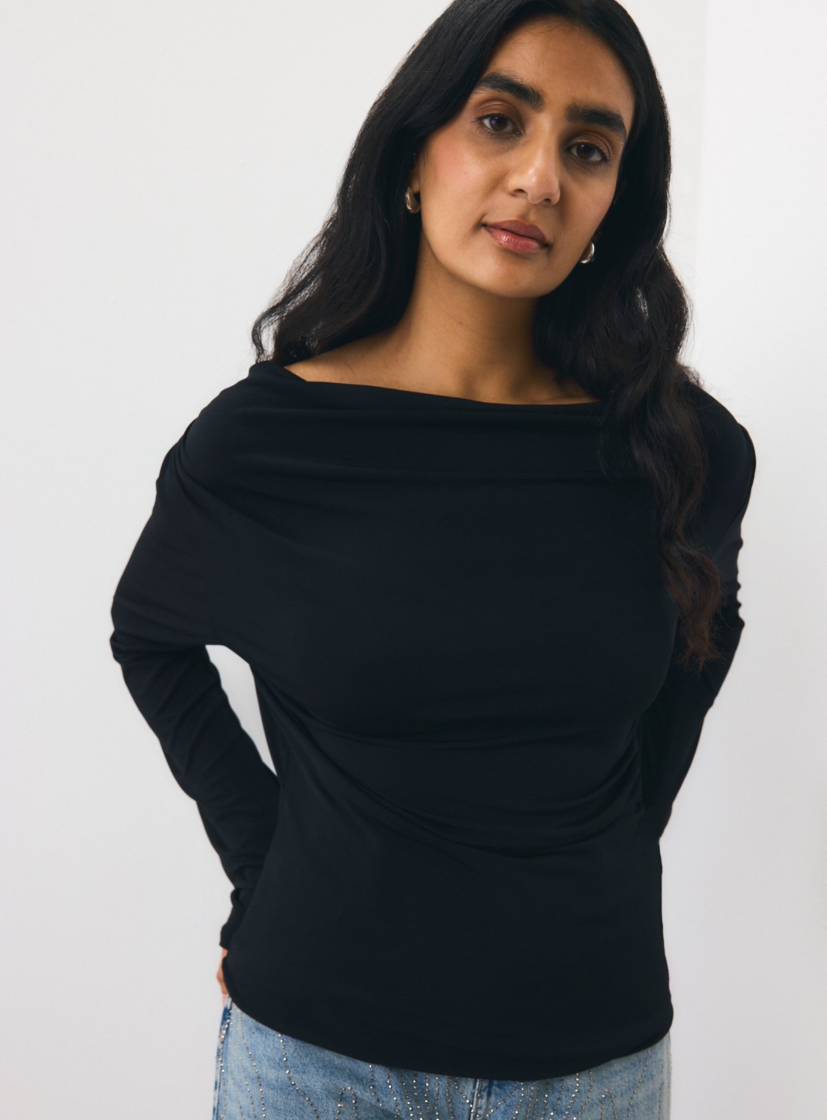 Black Cowl Neck Draped Top L - Image 5 thumbnail