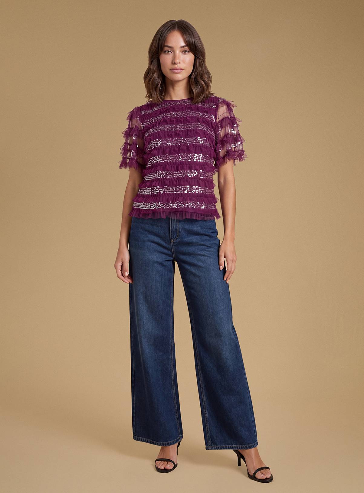 OASIS Ruffle Mesh Top With Sequins 8 - Image 2