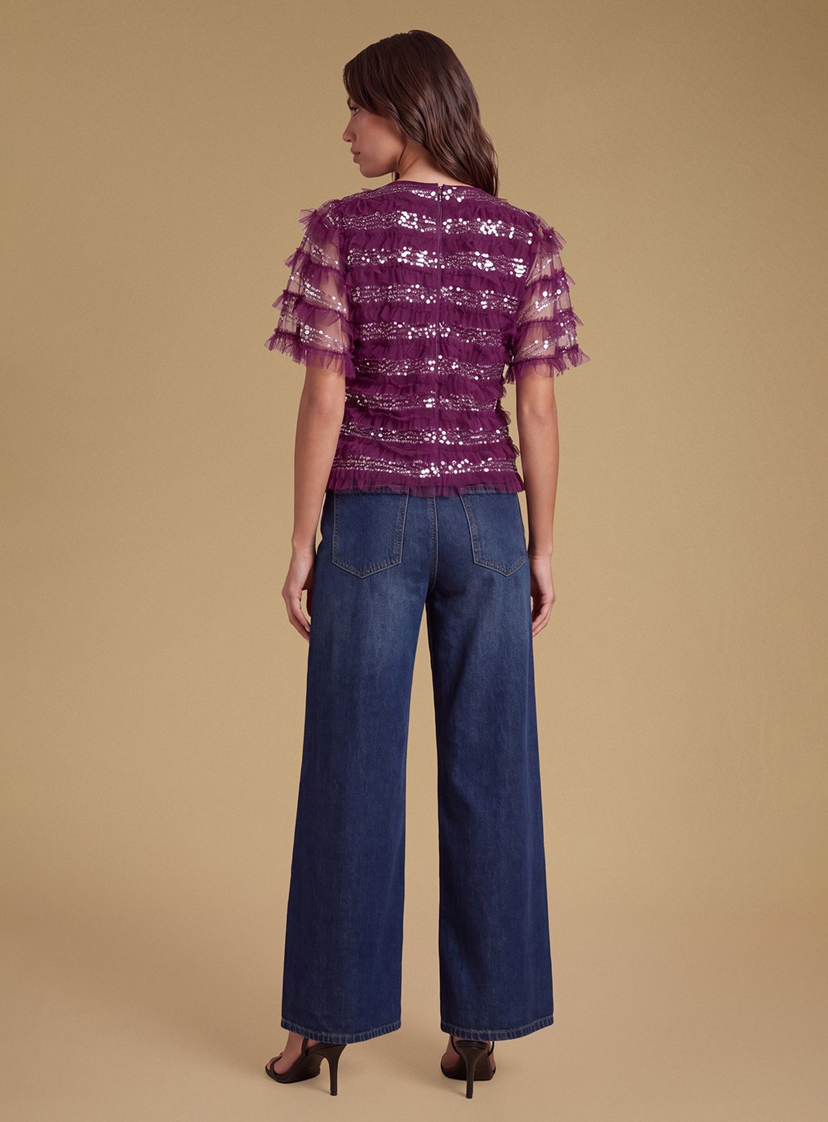 OASIS Ruffle Mesh Top With Sequins 8 - Image 3 thumbnail