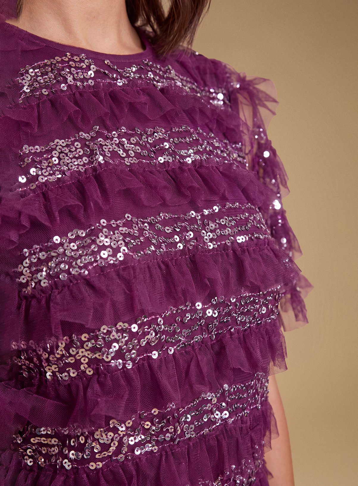 OASIS Ruffle Mesh Top With Sequins 8 - Image 4 thumbnail