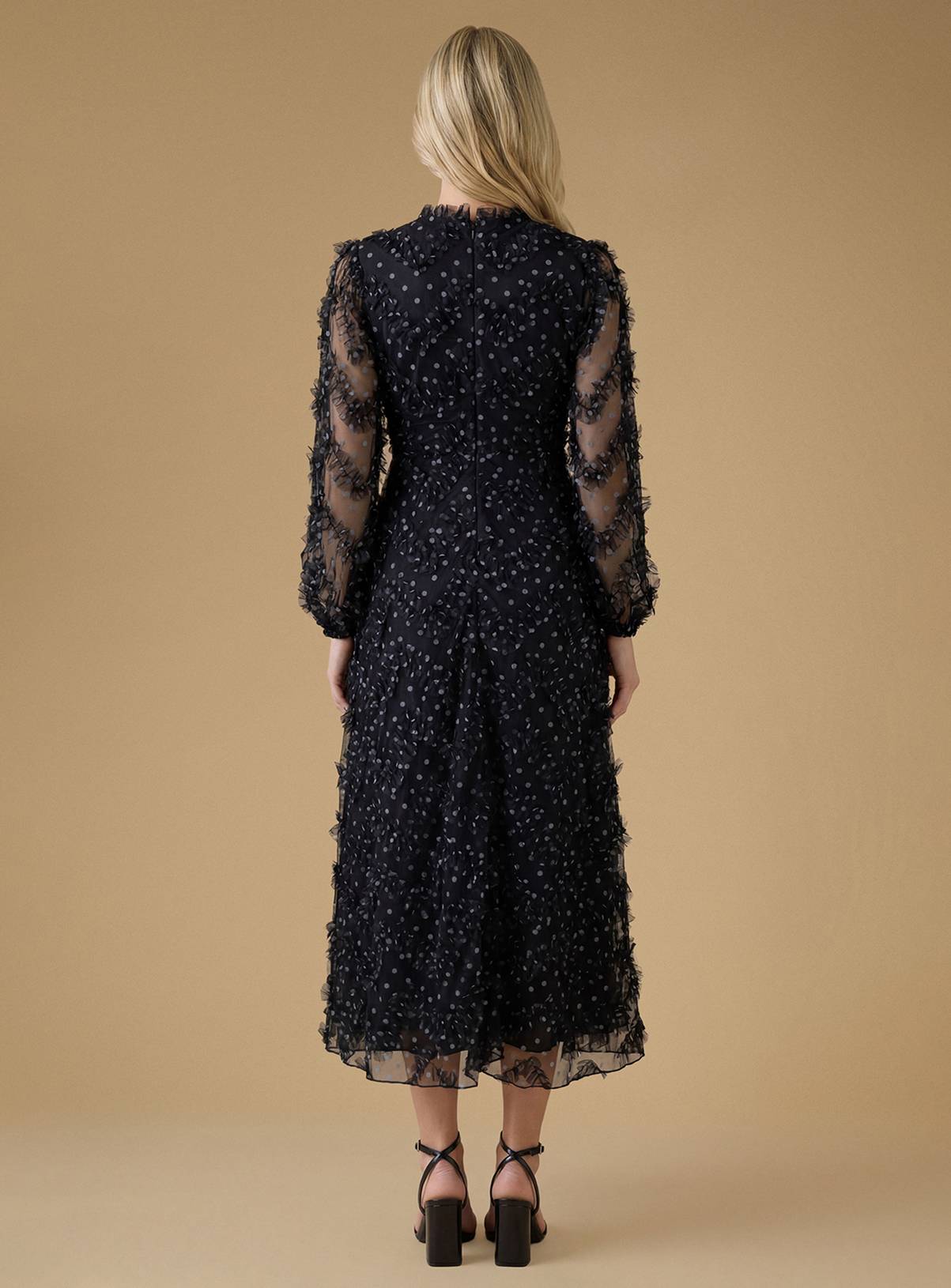 OASIS Long Sleeve Polka Dot Printed Mesh Midi Dress Black 12 - Image 2