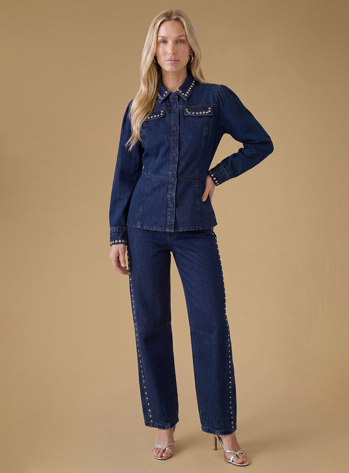OASIS Premium Stud Detail Barrell Leg Jean Indigo 10 - Image 3