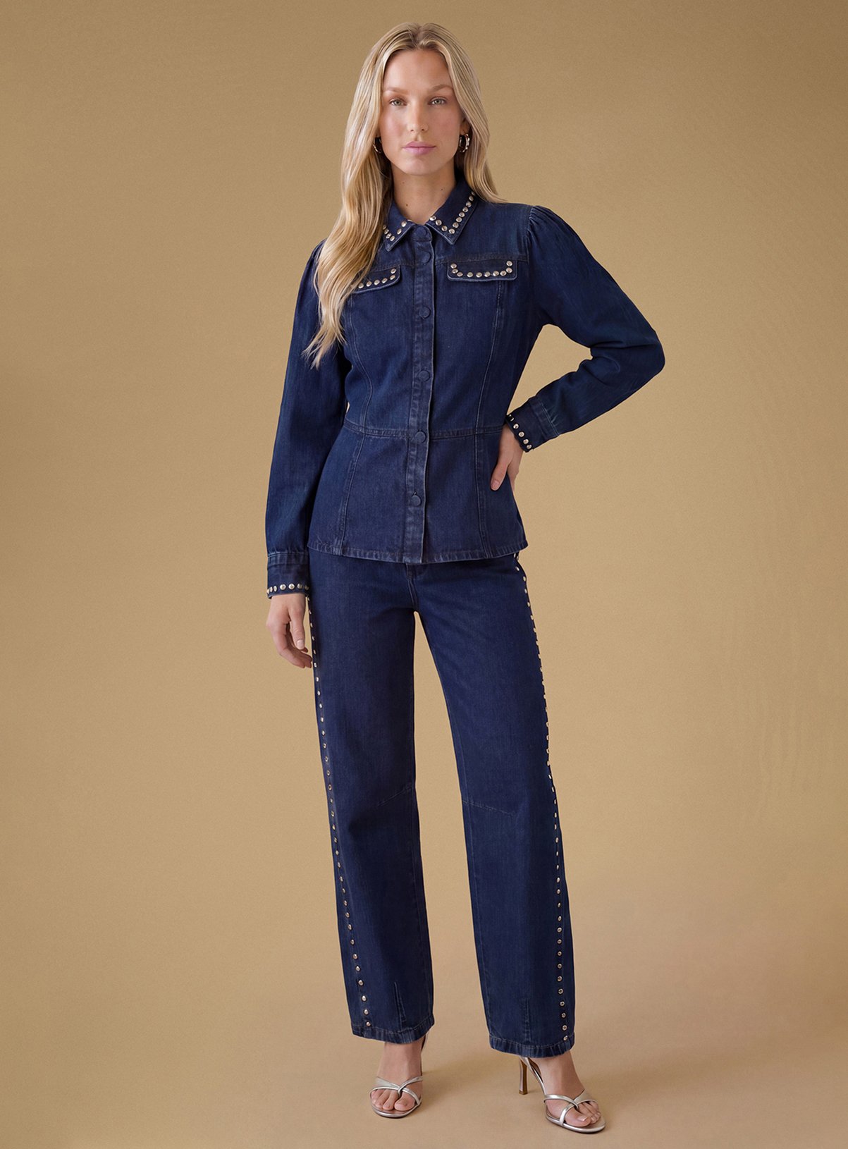 OASIS Premium Stud Detail Barrell Leg Jean Indigo 10 - Image 4 thumbnail