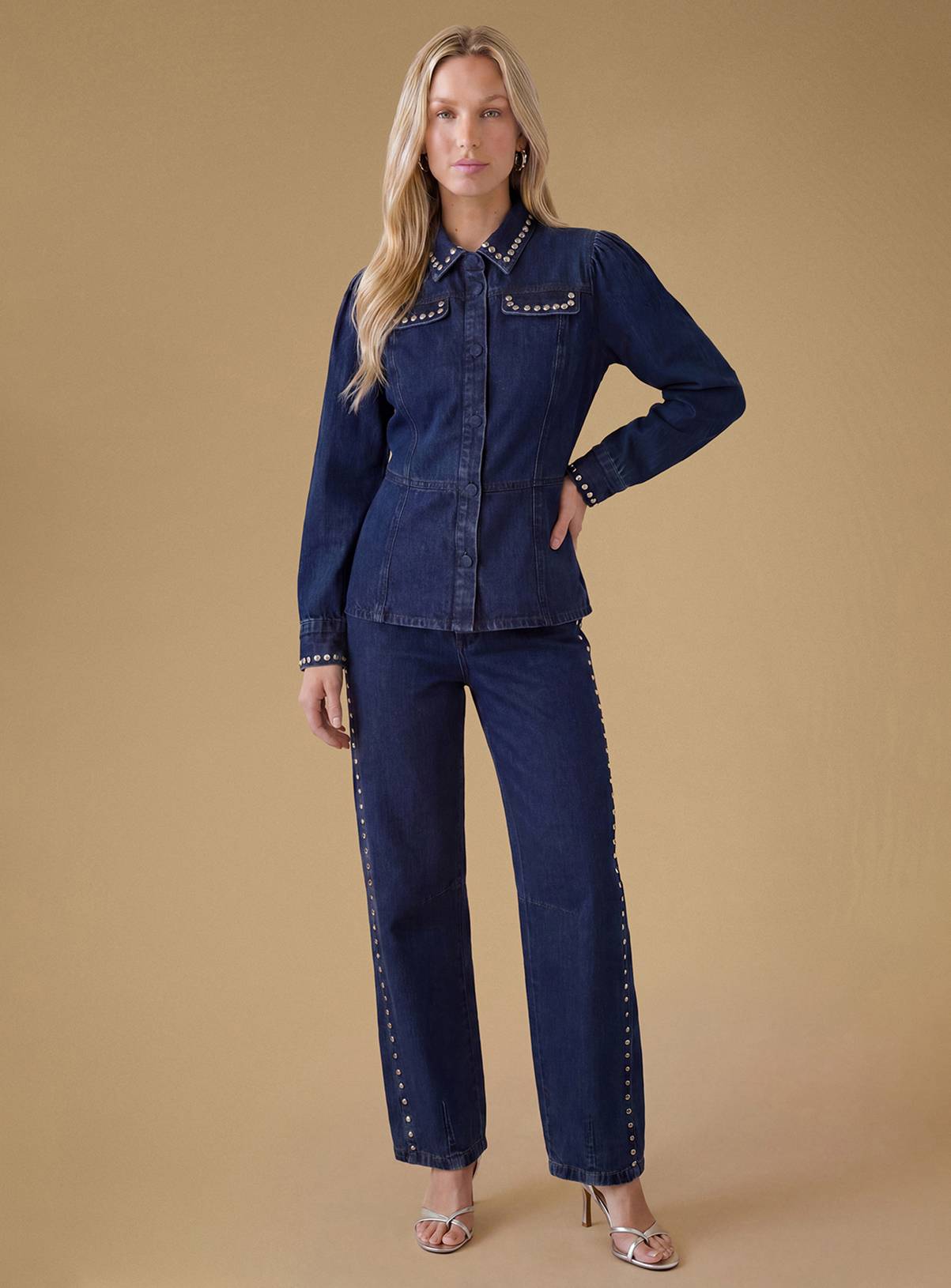 OASIS Premium Stud Detail Barrell Leg Jean Indigo 10 - Image 4
