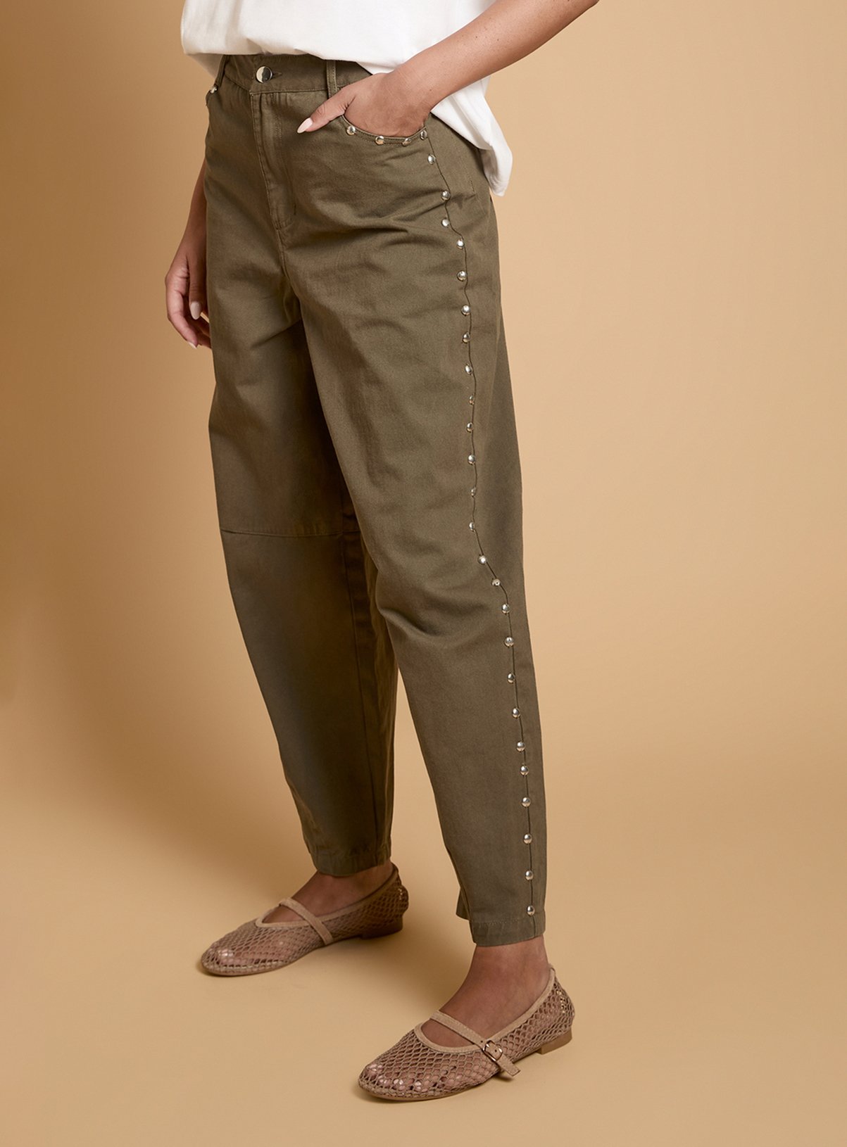 OASIS Premium Stud Detail Barrell Leg Jean Khaki 16 - Image 1 thumbnail