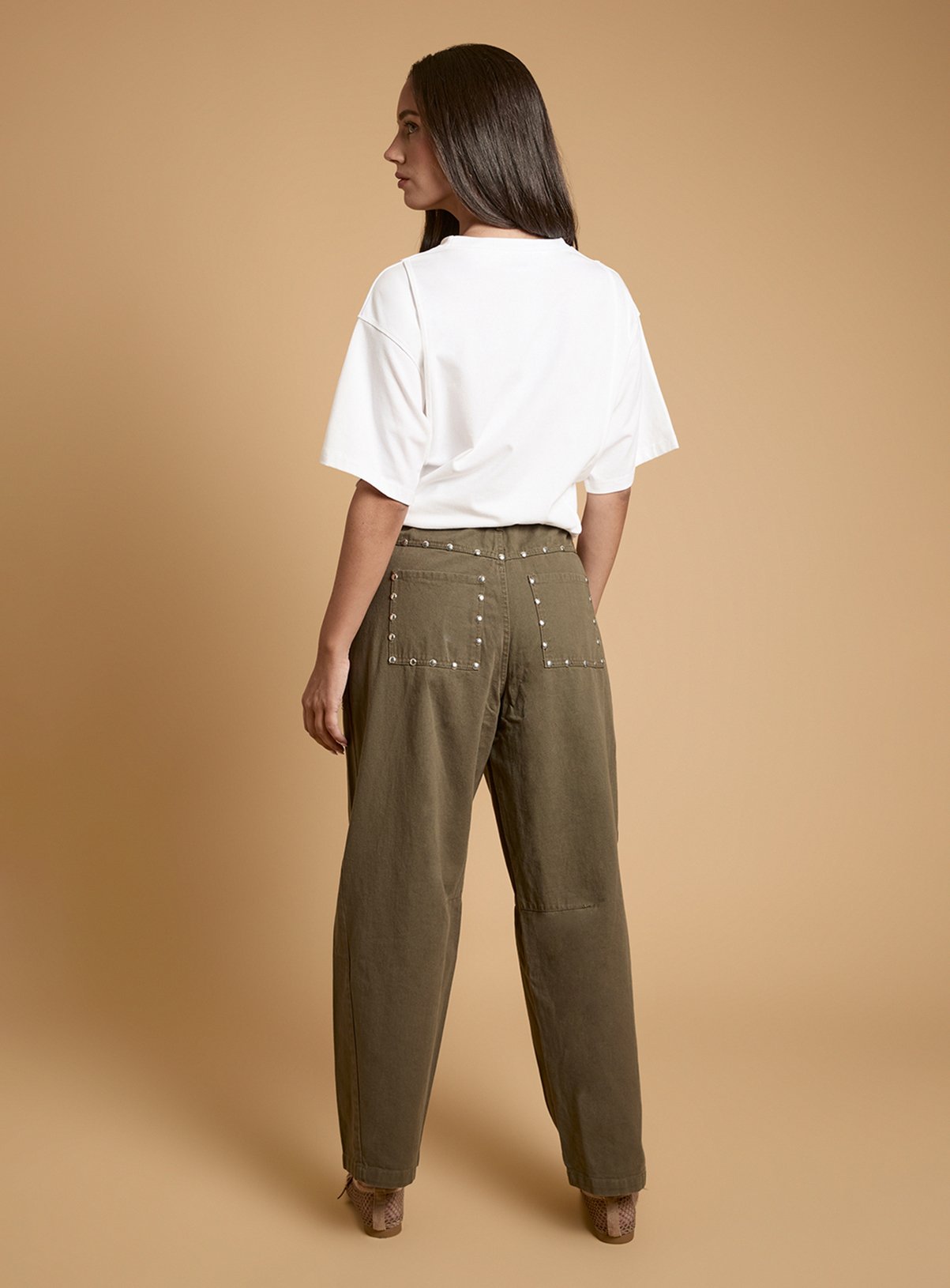 OASIS Premium Stud Detail Barrell Leg Jean Khaki 16 - Image 3 thumbnail