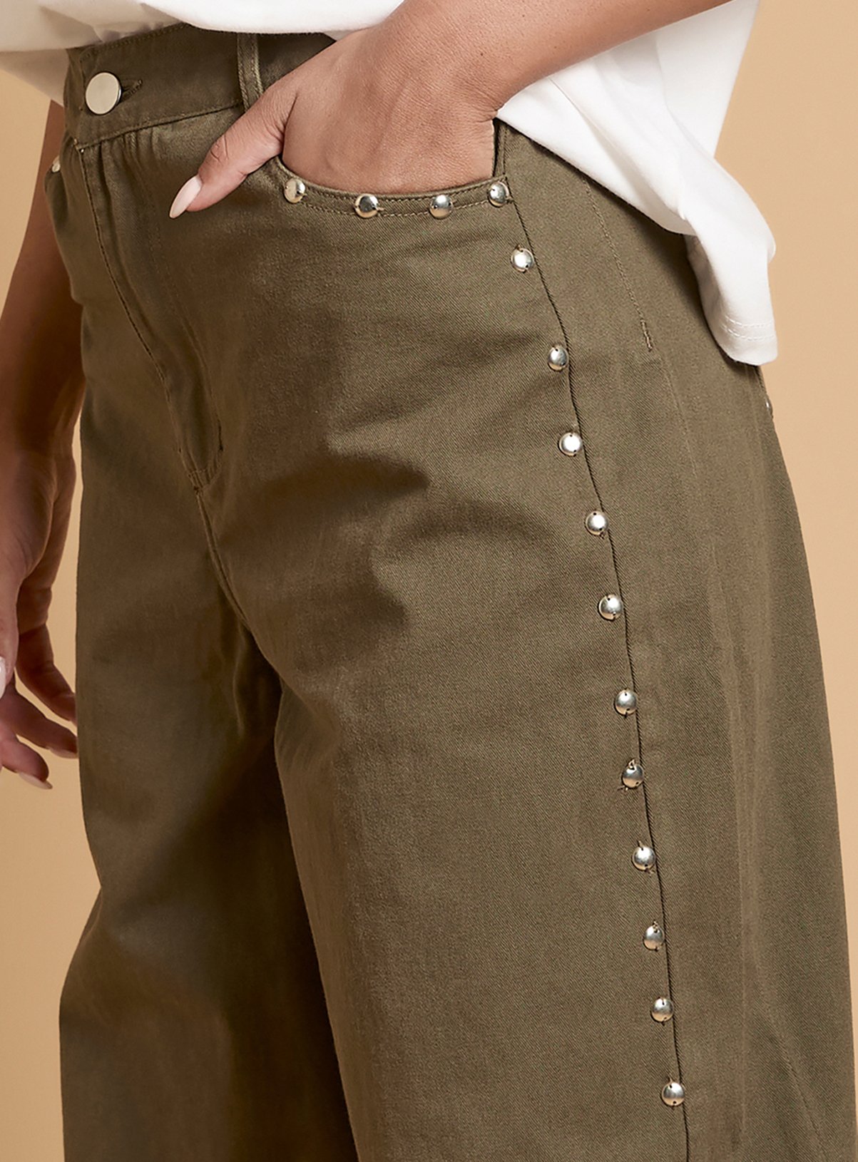 OASIS Premium Stud Detail Barrell Leg Jean Khaki 16 - Image 4 thumbnail