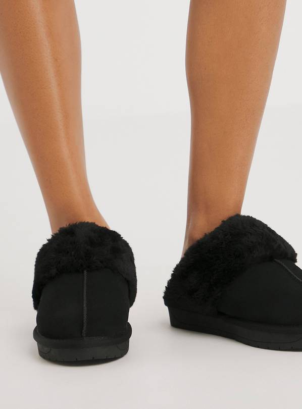 SIMPLY BE Black Faux Fur Lined Suede Mule Slipper Extra Wide Fit 6