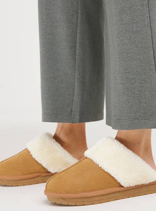 SIMPLY BE Tan Faux Fur Lined Suede Mule Slipper Extra Wide Fit 8
