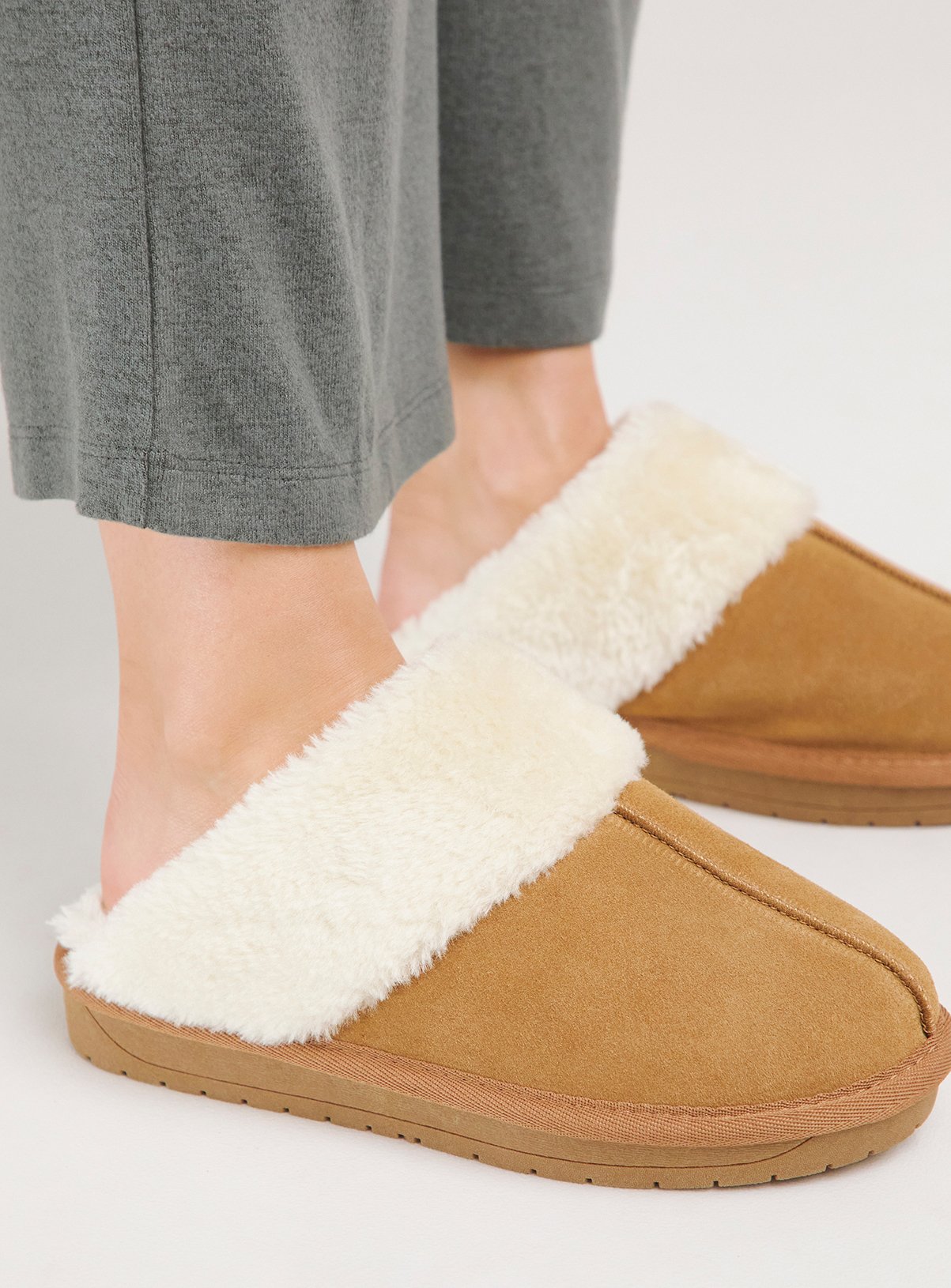 SIMPLY BE Tan Faux Fur Lined Suede Mule Slipper Extra Wide Fit 5 - Image 3 thumbnail