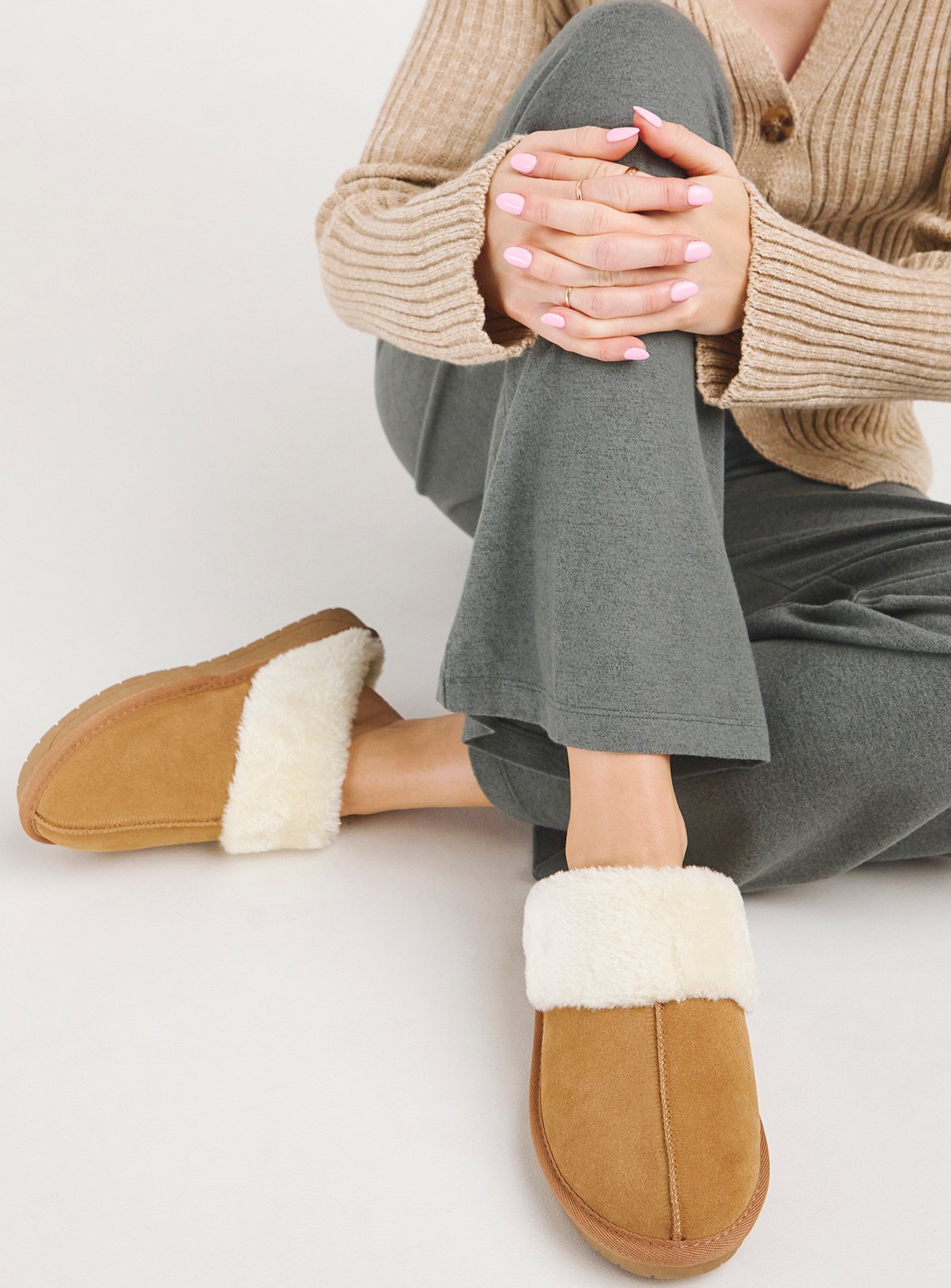 SIMPLY BE Tan Faux Fur Lined Suede Mule Slipper Extra Wide Fit 5 - Image 4 thumbnail