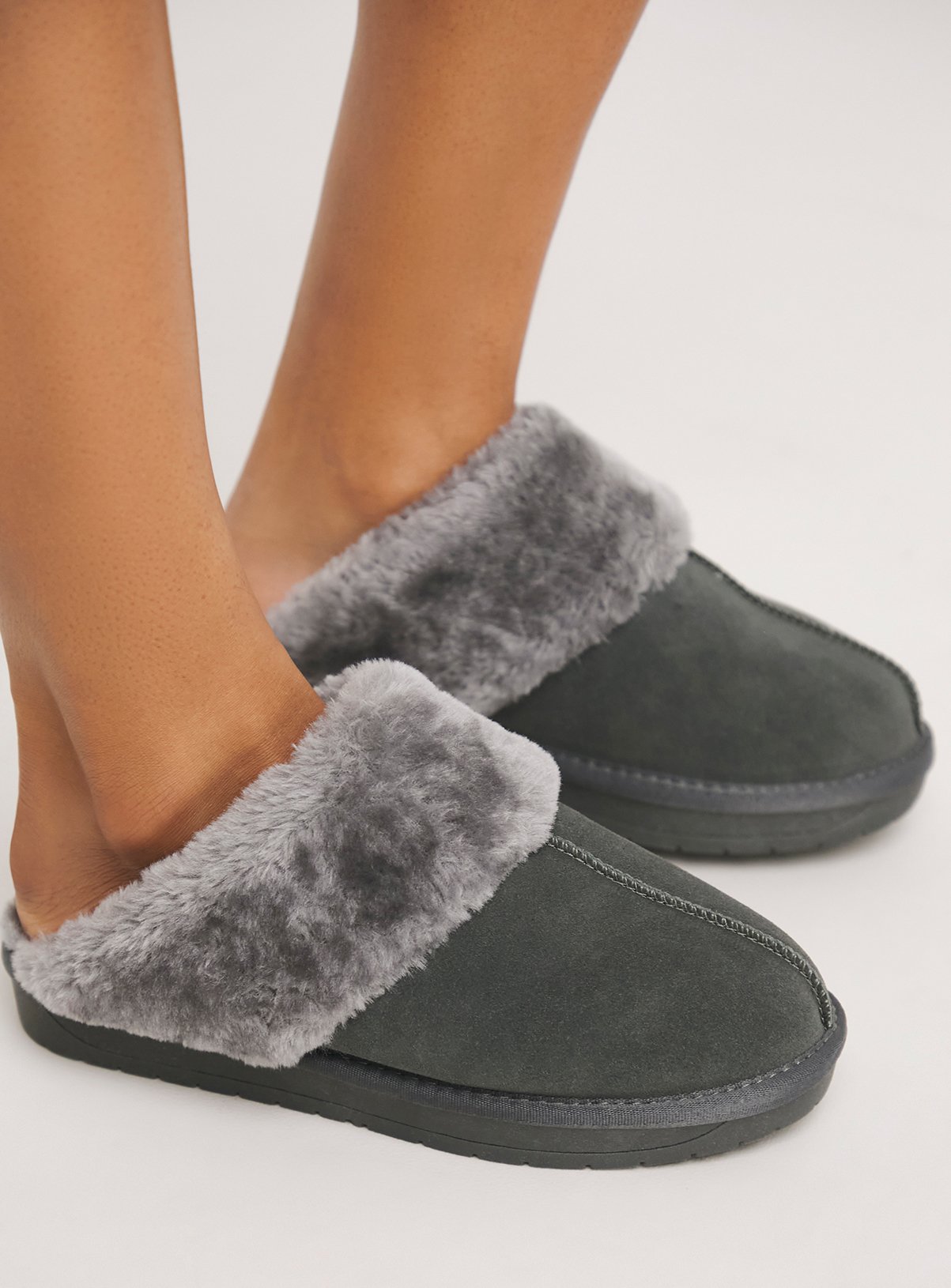 SIMPLY BE Grey Faux Fur Lined Suede Mule Slipper Wide Fit 5 - Image 3 thumbnail