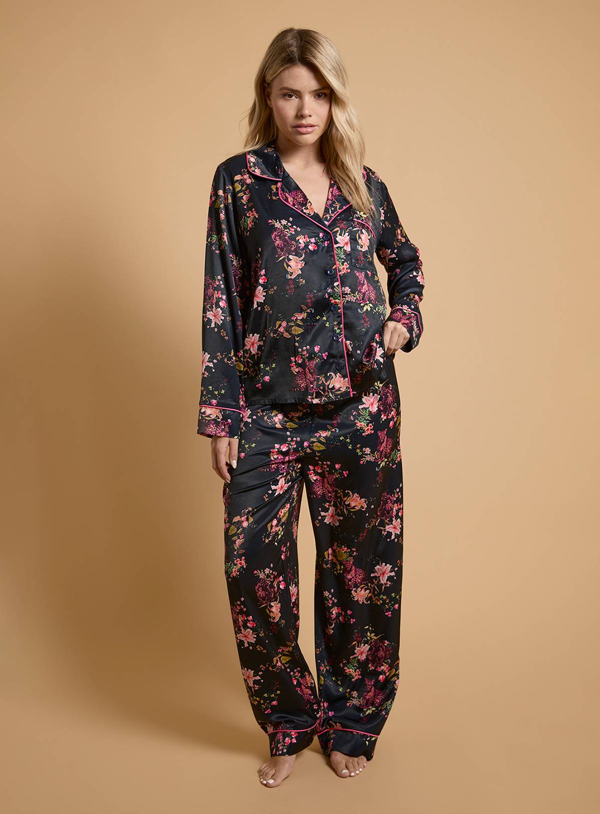 OASIS Navy Leopard Long Sleeve Satin Printed Nightwear Set M - Image 1