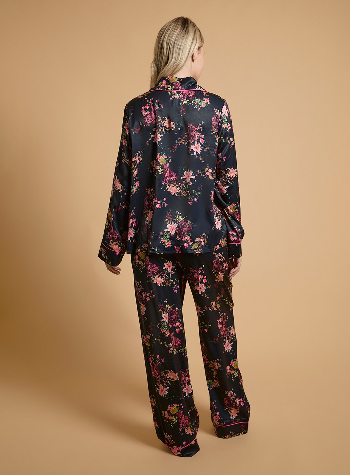 OASIS Navy Leopard Long Sleeve Satin Printed Nightwear Set M - Image 3 thumbnail