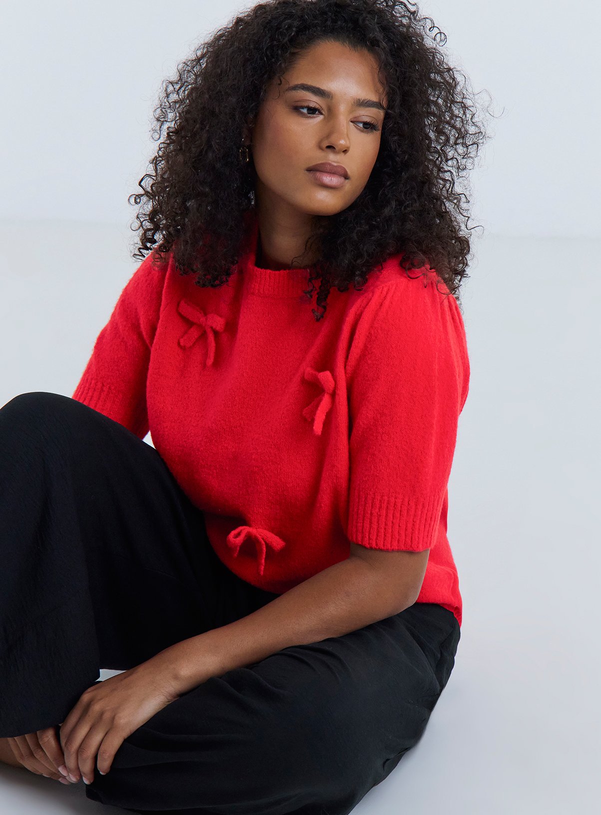 SIMPLY BE Short Sleeve Bow Jumper Red 28-30 - Image 1 thumbnail